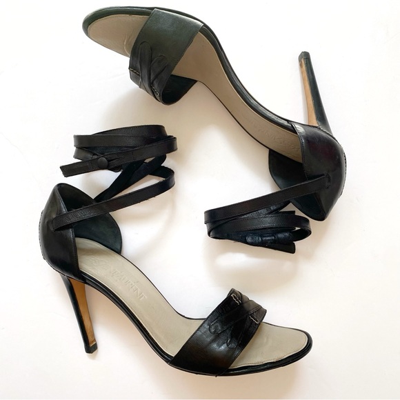 Yves saint Laurent black leather ankle wrap open toe heels - Picture 6 of 11